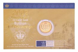 A 2002 Elizabeth II half sovereign, in Royal Mint 'Bullion' packaging.