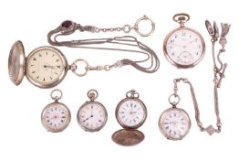 A collection of six half hunter and open face pocket watches; comprising a Le Roy a Paris silver poc