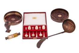 A group of silver and silver-plated items, comprising a pair of wine coasters, Sheffield hallmarks, 