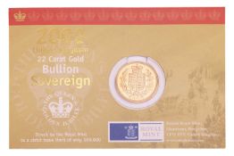 A 2002 Elizabeth II sovereign, in Royal Mint 'Bullion' packaging.