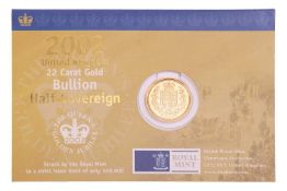 A 2002 Elizabeth II half sovereign, in Royal Mint 'Bullion' packaging.