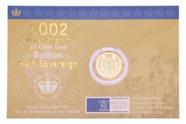 A 2002 Elizabeth II half sovereign, in Royal Mint 'Bullion' packaging.