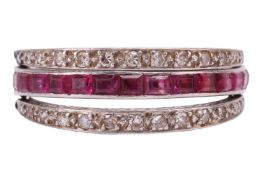 A sapphire, ruby and diamond ‘Day and Night’ ring, one half channel-set with square calibré-cut synt
