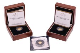Two 2008 25 Year Anniversary Gold Angel coins, 1/20th oz, boxed with London Mint certificates, toget