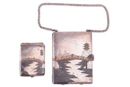 A Japanese combination cigarette and compact case, together with a matching vesta case of rectangula