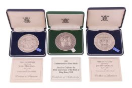 Three silver medals; two commemorative silver medals celebrating the tercentenary of the birth of Jo