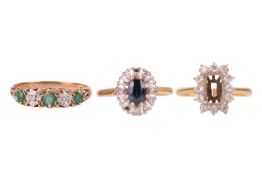 Three gold rings; The first an emerald and diamond cluster ring, comprising three round-cut emeralds