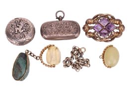 A small group of items comprising an amethyst-set brooch, of scrollwork and foliate design, in yello