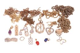 A group of 9ct and yellow metal pendants and chains, comprising a 9ct gold ingot pendant, a heart sh