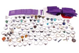 A large group of gem-set rings by Gemporia, marked ‘925’, gem-set with amethyst, mosaic-opal, turquo