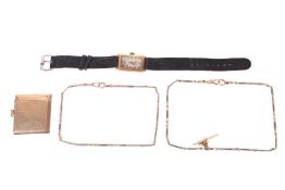 A 9ct gold vesta case, of engine turned design, Birmingham, 1874, approximately 21.7 grams; Two watc