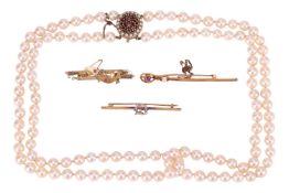 A small group of jewellery items; comprising a double-strand cultured pearl necklace, with a garnet 