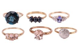 A collection of six gem-set rings in 9ct gold; to include a morganite solitaire ring in size S; a mo