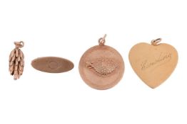 Three pendants and a brooch; to include a heart-shaped pendant with loop bail, engraved the name 'Ca