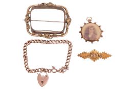 A group of jewellery items; to include a Victorian Etruscan revival diamond-set brooch in 15ct gold;