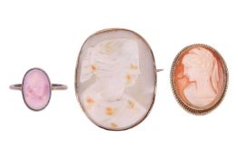 A group of three cameos; to include a resin cameo ring, to a bezel-set mount with a twisted rope bor