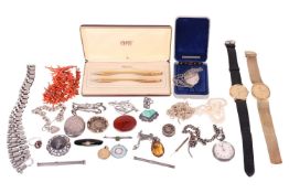 A group of costume jewellery and two watches, comprising a Longines gold-plated wristwatch with leat