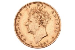 A George IV Sovereign, 1827, obverse shield back and bare head.