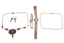 A collection of jewellery items; including a cultured pearl necklace, with a 9ct gold clasp, a 9ct g