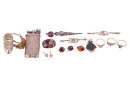 A mixed group of items comprising an aquamarine and seed pearl bar brooch, in yellow metal marked '1