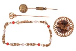 A small collection of jewellery items; to include a large octagonal-cut smokey quartz brooch cum pen