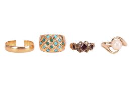 Three gem-set dress rings and a wedding band; to include a Victorian half-hoop ring in 15ct gold, se
