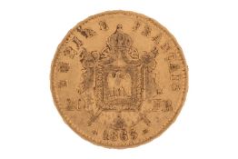 A France 1863 gold 20 Francs coin, with Napoleon III laureate head to the right, imperial coat of ar