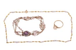 A small collection of pearl-set jewellery items; to include an Early 18th-century bracelet, comprisi