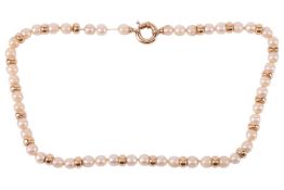 A cultured pearl and bead necklace, featuring forty-seven cultured pearls measuring approximately 7.