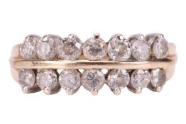 A double-row diamond-set ring, claw-set with two rows of seven brilliant-cut diamonds with an estima