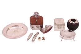 An armada dish, London 1962, 14.5cm diameter; a silver mounted glass inkwell, with monogram engraved