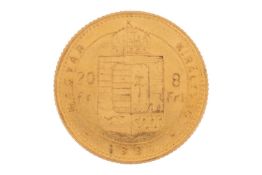 A Hungary 1884 gold 20 Francs coin, with Franz Joseph I laureated head to the right, coat of arms to
