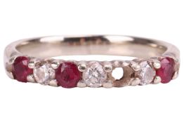 A ruby and diamond half-hoop ring, comprising circular-cut rubies alternating with round brilliant-c
