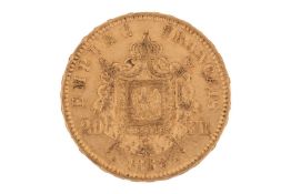 A France 1868 gold 20 Francs coin, with Napoleon III laureate head to the right, imperial coat of ar