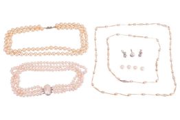 A collection of pearl-set jewellery; to include a three-row necklace of freshwater cultured pearls, 