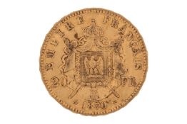 A France 1870 gold 20 Francs coin, with Napoleon III laureate head to the right, imperial coat of ar