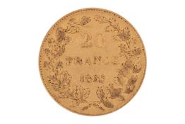 A Belgium 1865 gold 20 Francs coin with Leopold I bear head to the right.