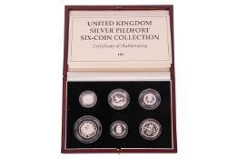 United Kingdom Piedfort Six-Coin Collection, approximately 107.46 grams total, encapsulated and boxe