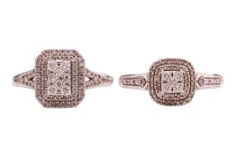 Two diamond-set dress rings; comprising a diamond-set cluster ring of rectangular form, with an esti