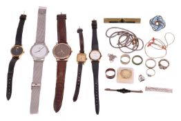 A group lot of jewellery and watches, to include a broken yellow metal chain testing as 14ct, two wh