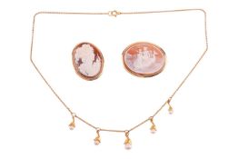 A small group of jewellery items, comprising; a pearl-set necklace, in yellow metal marked '9ct'; an