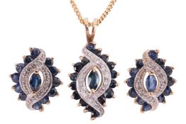 A pair of 9ct gold sapphire and diamond earrings and a matching pendant on chain; the pair of stud e