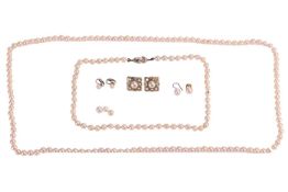 A mixed group of pearl-set jewellery items including two cultured pearl necklaces, one with a white 