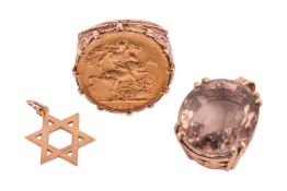 A group of jewellery to include; a 1918 full sovereign, set within a 9ct gold ring mount with decora