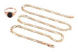 A figaro link chain, of flattened links to a lobster clasp, in yellow metal with British hallmarks f