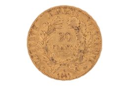 A France 1851 gold 20 Francs coin, with the head of Ceres to the right crowned with ears of corn, wr