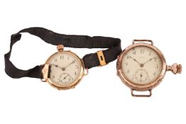 An 18ct yellow gold manual wind watch, not in working order, on a black ribbon strap, together with 