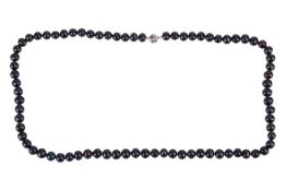 A cultured black pearl necklace, comprising a row of off-round black pearls, measuring 12.3mm, compl