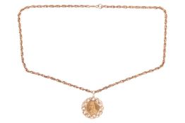 An 1887 Victorian full sovereign, unsoldered in a 9ct yellow gold mount the scalloped border with Fl