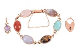 A hardstone bracelet set with lace agate, carnelian, rose quartz and tigers eye cabochons, stamped 9